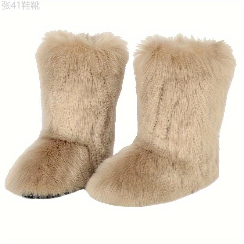 Women's Faux Fur Boots, Casual Slip On Furry Fluffy Snow Boots, Women's Comfortable Mid-Calf Boots Girl Walking Shoes