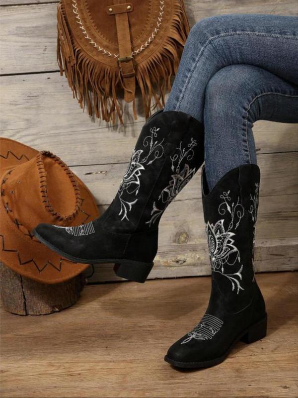 Women's Fashionable Embroidered Design Cowboy Boots, Casual Pointed Toe Boots for Fall & Winter, Female All-match Trendy Shoes for Daily Wear Wide Calf Boots Women