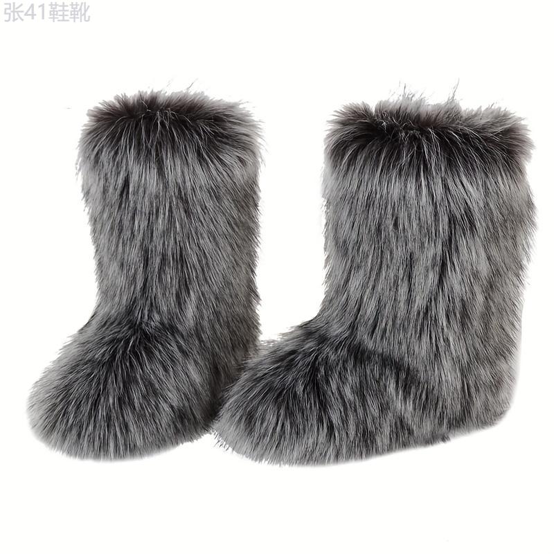 Women's Faux Fur Boots, Casual Slip On Furry Fluffy Snow Boots, Women's Comfortable Mid-Calf Boots Girl Walking Shoes