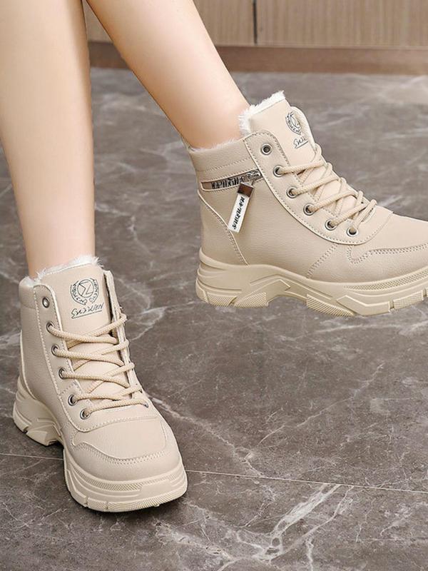 Women's Solid Color Lace Up Plush Lined Boots, Casual Comfortable Warm Thick Sole Boots for Fall & Winter, Female All-match Trend Shoes for Daily Wear