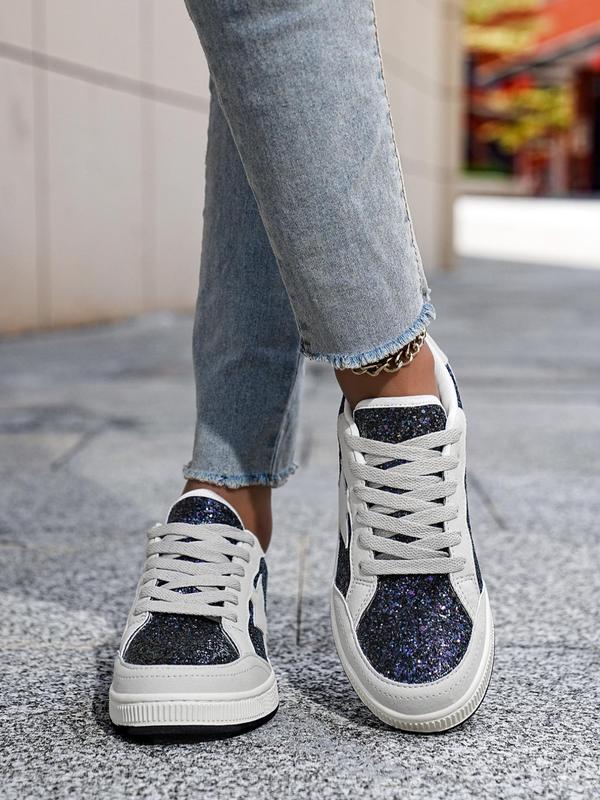 Women's Fashionable Star Pattern Contrast Sequin Design Lace-up Low Top Sneakers, Casual Comfortable Round Toe Sports Shoes, Trendy All-match Color-block Skate Shoes for Daily Wear