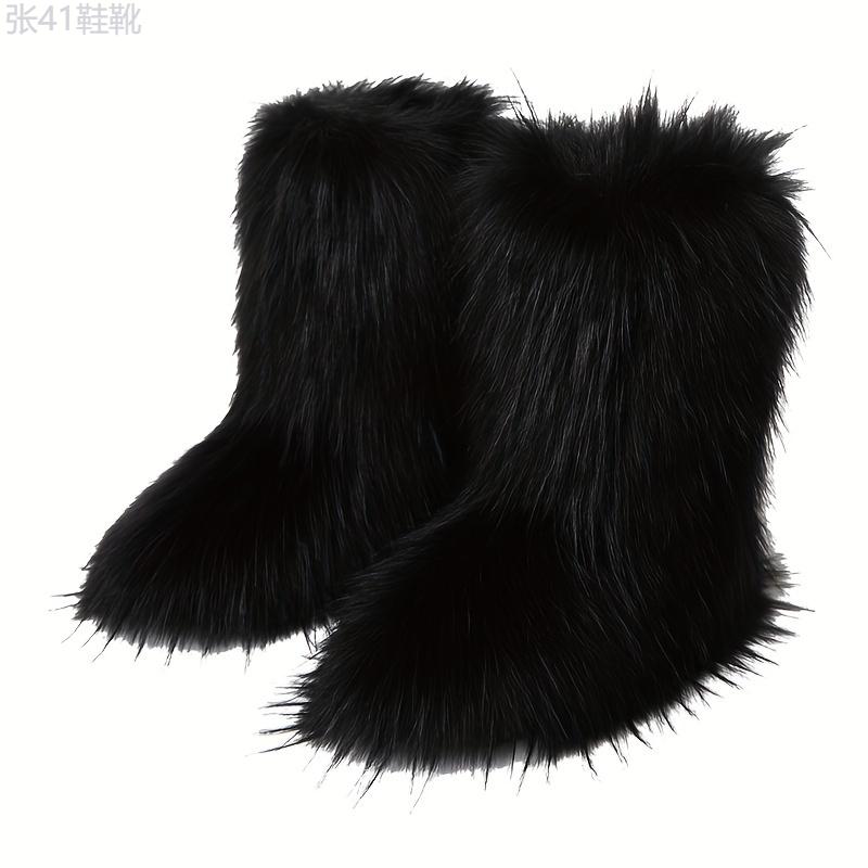 Women's Faux Fur Boots, Casual Slip On Furry Fluffy Snow Boots, Women's Comfortable Mid-Calf Boots Girl Walking Shoes