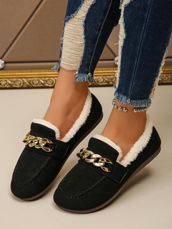 Women's Fashionable Chain Decorated Slip on Suede Sneakers, Fall Outfits, Fall Freshness, Casual Comfortable Flats for Fall & Winter, Female All-match Round Toe Fall Shoes for Women for Daily Wear