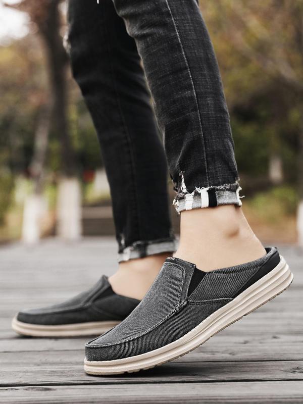 Men's Casual Canvas Slip-on Mules Shoes, Comfortable Solid Color Flat Shoes For Daily Life, Soft Cushioned Walking Shoes