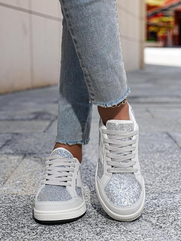 Women's Fashionable Star Pattern Contrast Sequin Design Lace-up Low Top Sneakers, Casual Comfortable Round Toe Sports Shoes, Trendy All-match Color-block Skate Shoes for Daily Wear