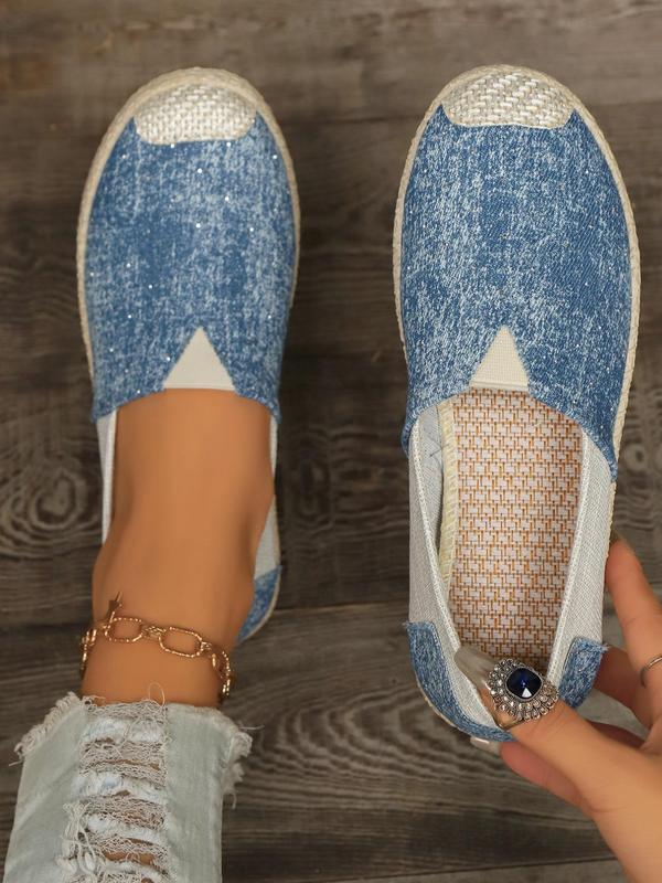 Women's Fashionable Denim-effect Slip on Flats, Casual Comfortable Patched Design Espadrilles, All-match Round Toe Shoes for Daily Wear