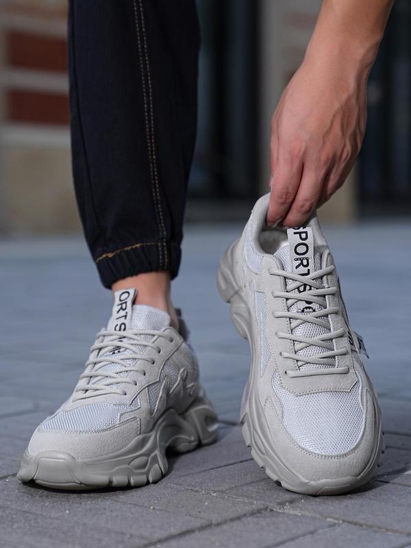 Men's Letter Print Contrast Mesh Sneakers, Casual Sporty Lace Up Front Sock Sneakers, Breathable Comfortable Sports Running Shoes