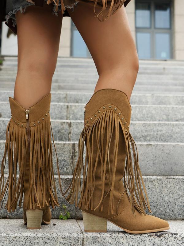 Women's Fashionable Fringe Decorated Rivet Design Boots, Casual Pointed Toe Boots for Fall & Winter, All-match Boots for Daily Wear