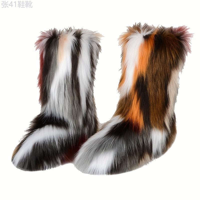 Women's Faux Fur Boots, Casual Slip On Furry Fluffy Snow Boots, Women's Comfortable Mid-Calf Boots Girl Walking Shoes