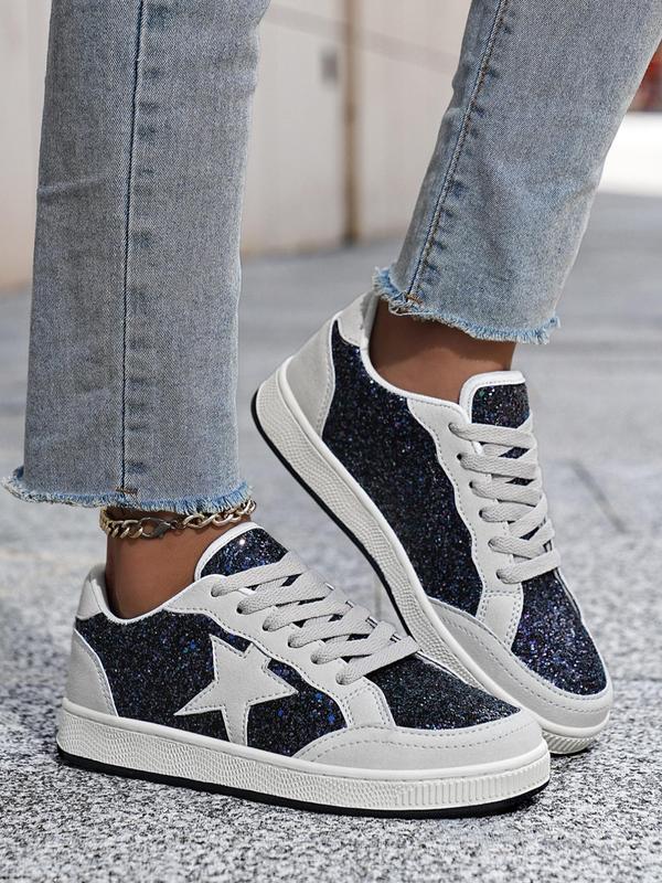 Women's Fashionable Star Pattern Contrast Sequin Design Lace-up Low Top Sneakers, Casual Comfortable Round Toe Sports Shoes, Trendy All-match Color-block Skate Shoes for Daily Wear