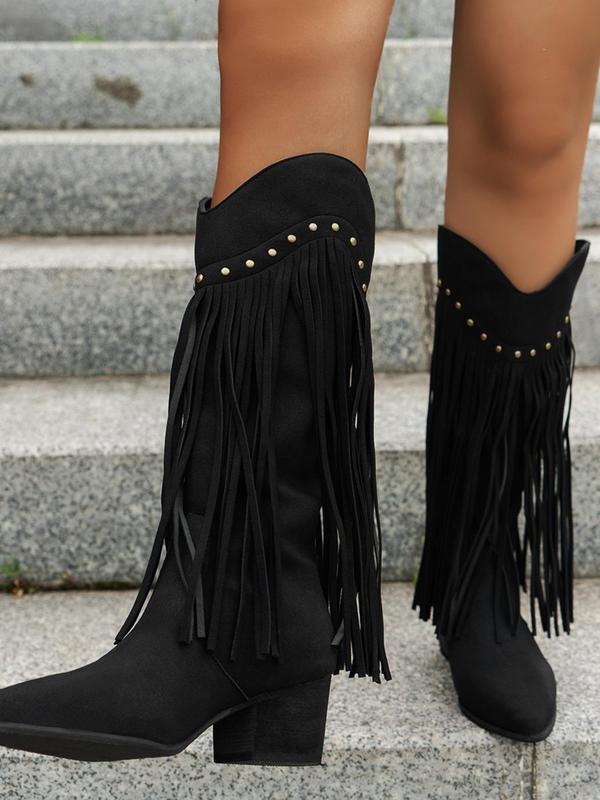 Women's Fashionable Fringe Decorated Rivet Design Boots, Casual Pointed Toe Boots for Fall & Winter, All-match Boots for Daily Wear