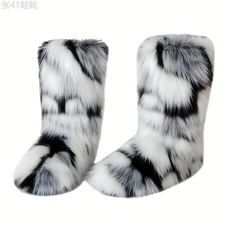 Women's Faux Fur Boots, Casual Slip On Furry Fluffy Snow Boots, Women's Comfortable Mid-Calf Boots Girl Walking Shoes