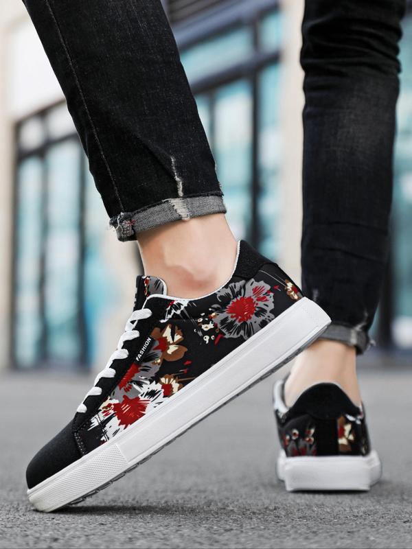 Men's Street Style Flower Print Lace Up Low Top Skate Shoes, Casual Fashionable Sports Shoes, Trendy All-match Sneakers for Daily Wear