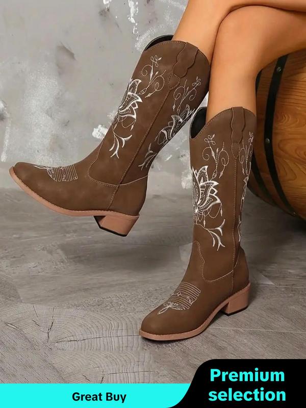 Women's Fashionable Embroidered Design Cowboy Boots, Casual Pointed Toe Boots for Fall & Winter, Female All-match Trendy Shoes for Daily Wear Wide Calf Boots Women