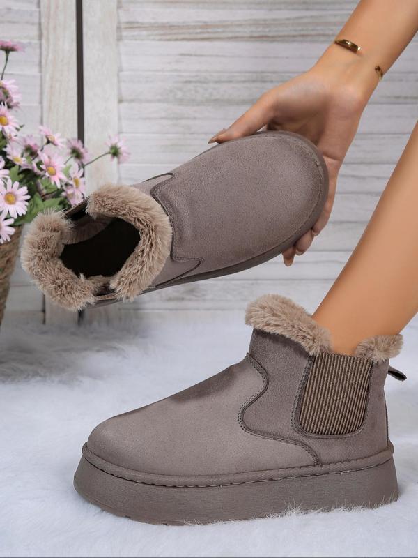 Women's Solid Color Plush Lining Ankle Boots, Casual Comfortable Warm Boots for Fall & Winter, Female All-match Trendy Shoes for Daily Wear