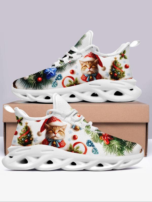 Women's Christmas Cat & Letter Print Lace Up Low Top Sneakers, Casual Comfortable Breathable Sports Running Shoes, Female All-match Round Toe Shoes for Daily