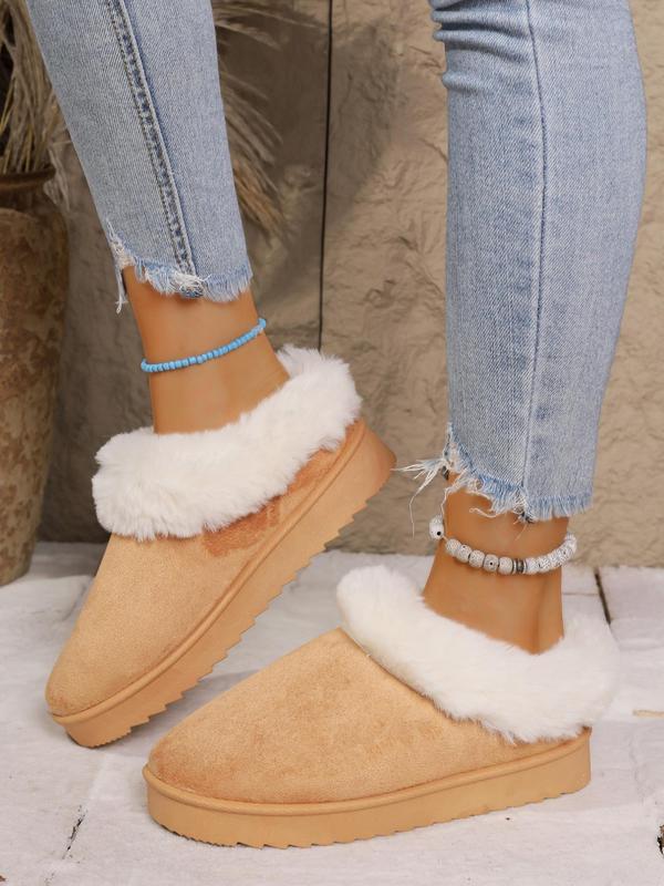 Women's Fashionable Contrast Faux Fur Trim Design Ankle Boots, Casual Comfortable Warm Snow Boots for Winter, Fluffy Plush Shoes for Women