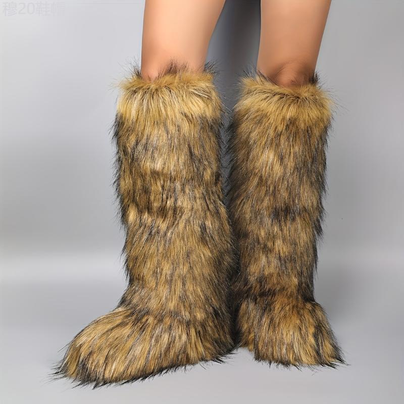 Women's Fluffy Faux Fur Boots, Pull On Platform Soft Sole High Knee Winter Boots, Round Toe Non-slip Warm Snow Boots Girl Walking Shoes