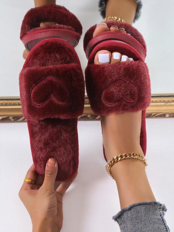 Heart Embroidered Fluffy Slippers, Soft Plush Lining Bedroom Slippers Women Girl