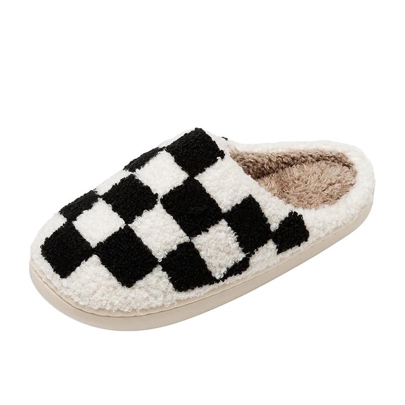 Winter Fuzzy Slippers Fashion Checker Indoor Embroidery Houseshoes Cozy Woman Winter Fluffy House Retro Checkered Print Shoes ASIFN