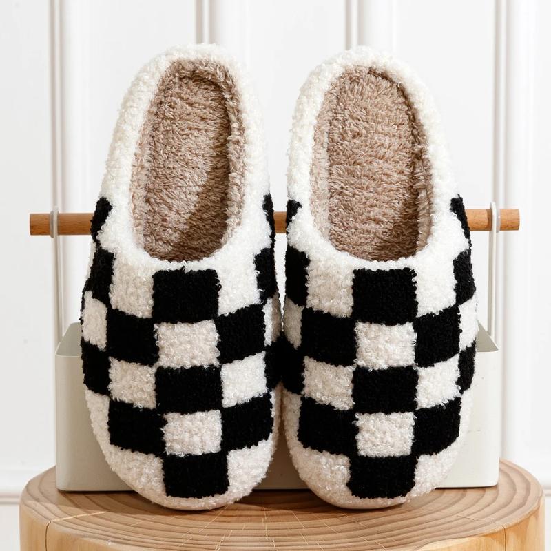 Winter Fuzzy Slippers Fashion Checker Indoor Embroidery Houseshoes Cozy Woman Winter Fluffy House Retro Checkered Print Shoes ASIFN