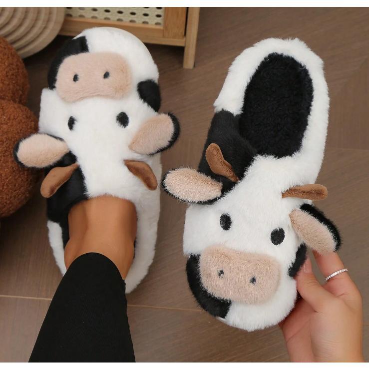 Cartoon Cow Cotton Slippers,Cute Fuzzy Cow Slippers Warm Non-Slip for Women and Men Winter Indoor Outdoor Slippers