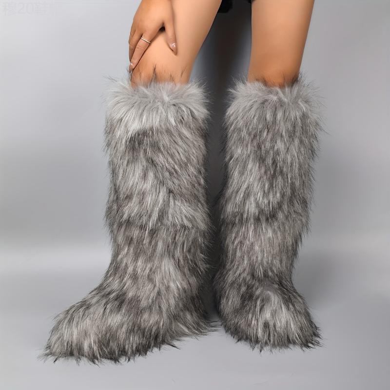 Women's Fluffy Faux Fur Boots, Pull On Platform Soft Sole High Knee Winter Boots, Round Toe Non-slip Warm Snow Boots Girl Walking Shoes