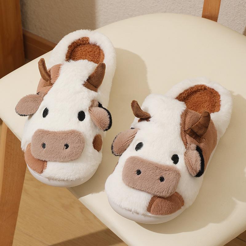 Cartoon Cow Cotton Slippers,Cute Fuzzy Cow Slippers Warm Non-Slip for Women and Men Winter Indoor Outdoor Slippers