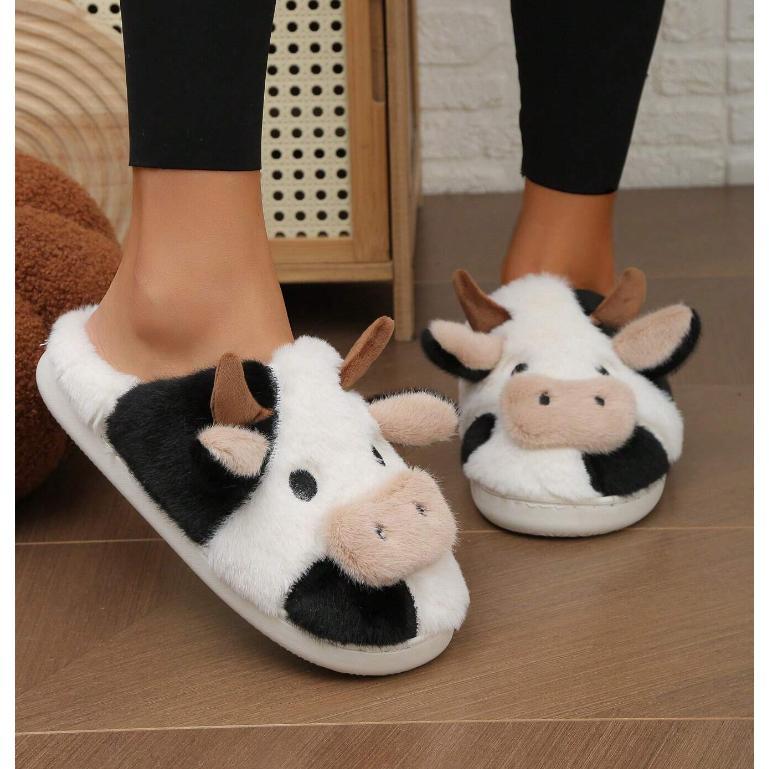 Cartoon Cow Cotton Slippers,Cute Fuzzy Cow Slippers Warm Non-Slip for Women and Men Winter Indoor Outdoor Slippers