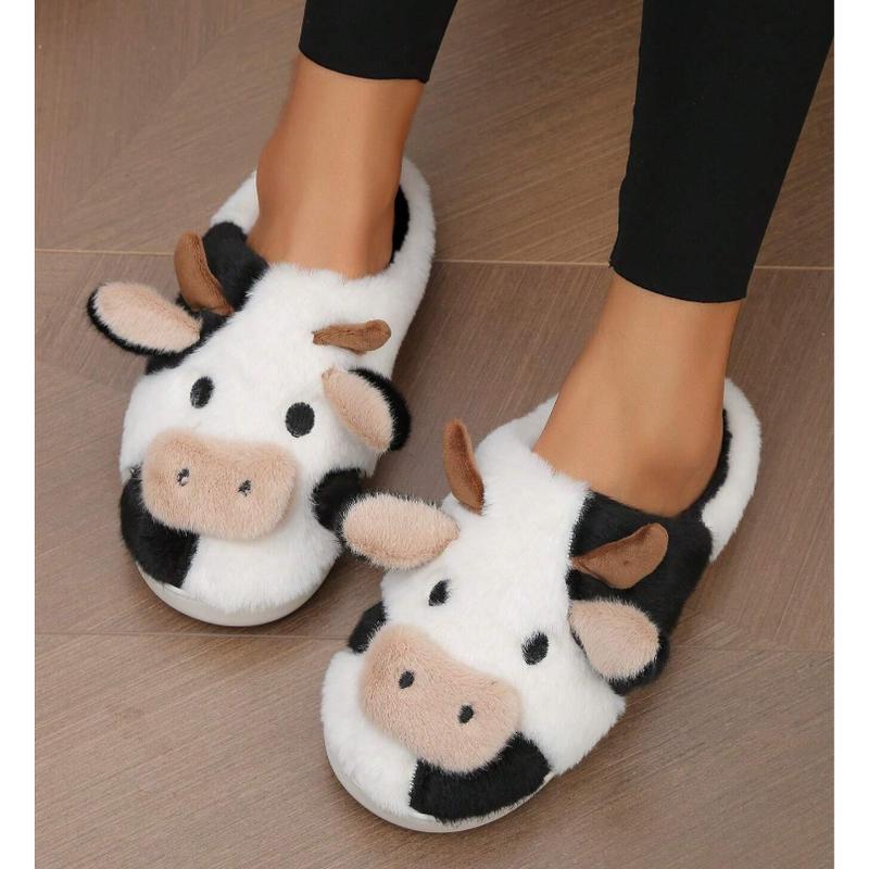 Cartoon Cow Cotton Slippers,Cute Fuzzy Cow Slippers Warm Non-Slip for Women and Men Winter Indoor Outdoor Slippers