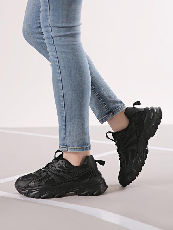 Women's Fashion Front Lace up Low Top Thick-soled Sneakers, Breathable Soft Comfortable Patchwork Chunky Shoes, Casual and Versatile Plain Sports Walking Shoes