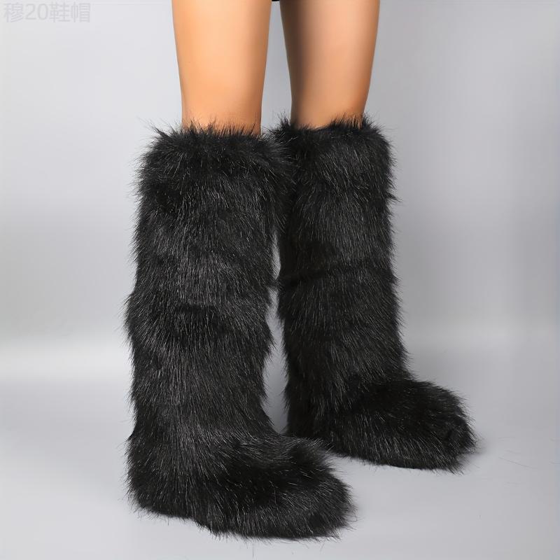 Women's Fluffy Faux Fur Boots, Pull On Platform Soft Sole High Knee Winter Boots, Round Toe Non-slip Warm Snow Boots Girl Walking Shoes