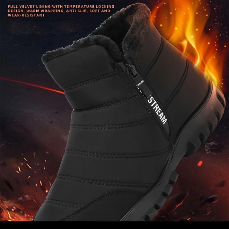 Men's Solid Color Water-Resistant Slip On Snow Boots With Warm Plush Lining, Comfy Non Slip Durable Side Zipper Design Shoes, Men's Winter Footwear