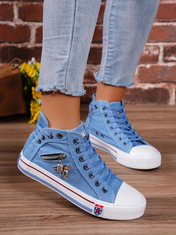 Women's Fashion Letter Patched Design Canvas Shoes, Casual Comfortable Zipper Lace up High Top Shoes for Daily Wear, Female Round Toe Shoes for Daily Wear