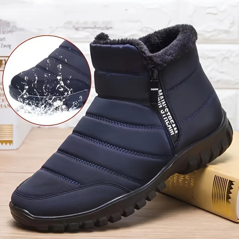 Men's Solid Color Water-Resistant Slip On Snow Boots With Warm Plush Lining, Comfy Non Slip Durable Side Zipper Design Shoes, Men's Winter Footwear