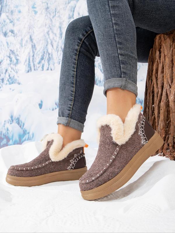 Women's Solid Color Plush Lining Snow Boots, Casual Comfortable Warm Ankle Snow Boots for Winter, Fluffy Winter Shoes for Women & Girls