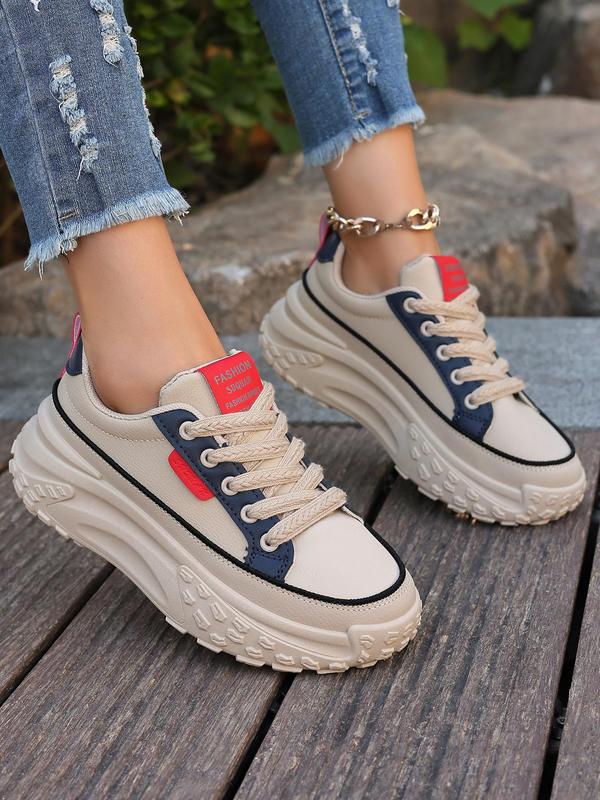 Fashionable Colorblock Low Top Lace Up Chunky Sneakers, Casual Comfortable Sports Shoes for Daily Wear, Female All-match Round Toe Shoes for Daily Wear