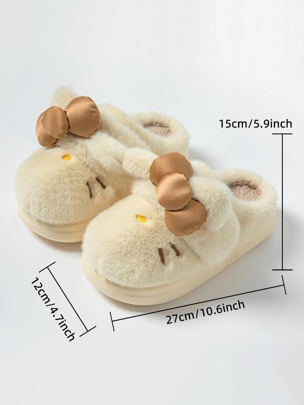 Women's Cute Cartoon Embroidery Bow Decor Plush Slippers, Casual Soft Comfortable Home Slippers, Thick Sole Warm Slippers for Indoor & Outdoor Use for Fall & Winter