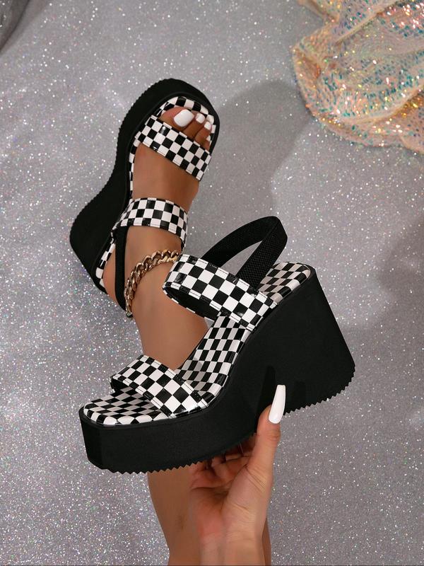 Women's Checked Pattern Platform Sandals, Trendy Slip on Wedge Sandals, Chic All-match Shoes for Daily Wear