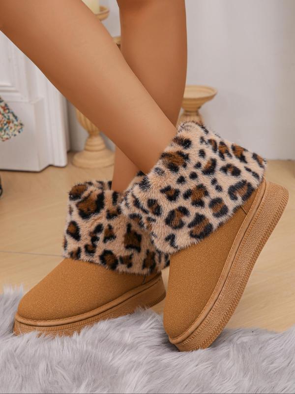 Women's Fashion Leopard Print Fluffy Snow Boots, Casual Warm Ankle Boots for Fall & Winter, Female All-match Round Toe Shoes for Daily Wear