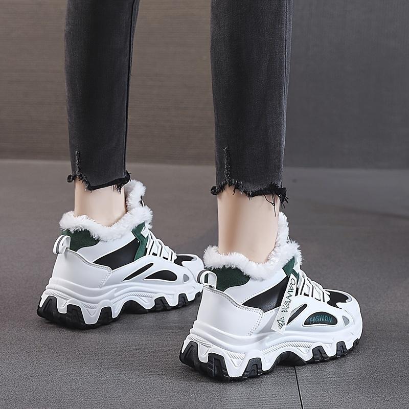 Women's Casual Sneakers, Contrasting Thick Sole Chunky Sneakers, Warm Plush Lined Non-slip Running Shoes, Large Size