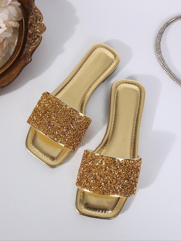 Women's Fashionable Glittering Rhinestone Decor Flat Sandals, Square Toe Slide Sandals for Summer, Casual Vacation Beach Sandals, Trendy All-match Slip-on Shoes for Daily Wear