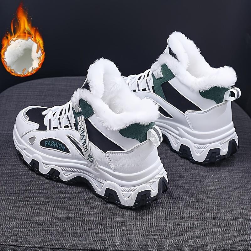 Women's Casual Sneakers, Contrasting Thick Sole Chunky Sneakers, Warm Plush Lined Non-slip Running Shoes, Large Size