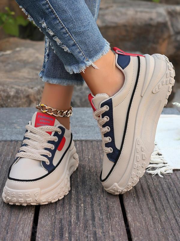 Fashionable Colorblock Low Top Lace Up Chunky Sneakers, Casual Comfortable Sports Shoes for Daily Wear, Female All-match Round Toe Shoes for Daily Wear