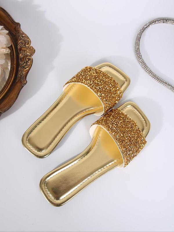 Women's Fashionable Glittering Rhinestone Decor Flat Sandals, Square Toe Slide Sandals for Summer, Casual Vacation Beach Sandals, Trendy All-match Slip-on Shoes for Daily Wear