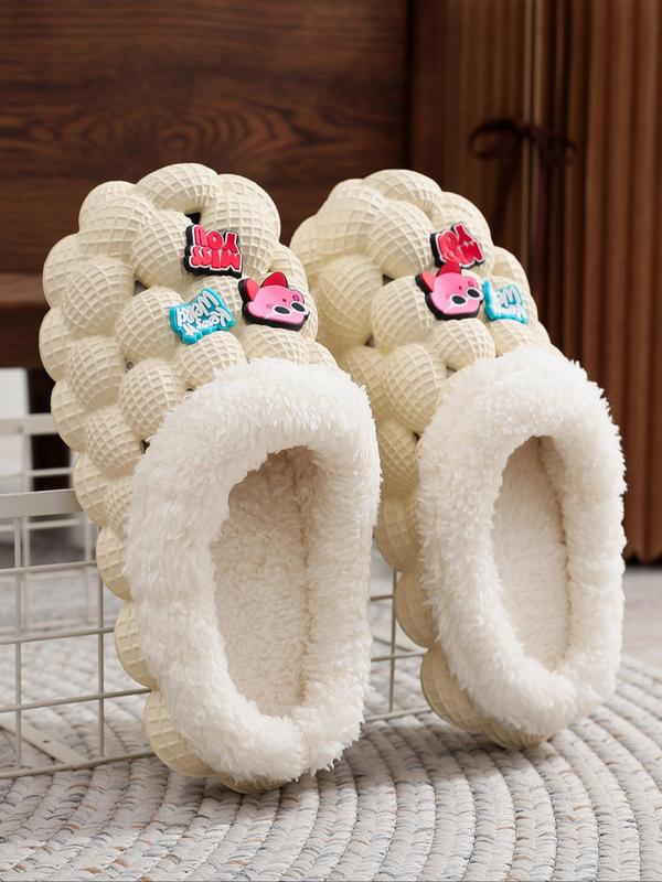 Women's Cute Cartoon & Letter Decor Plush Novelty House Slippers, Creative Warm Bedroom Slippers for Fall & Winter,  Comfort Anti-slip Slippers for Footwea