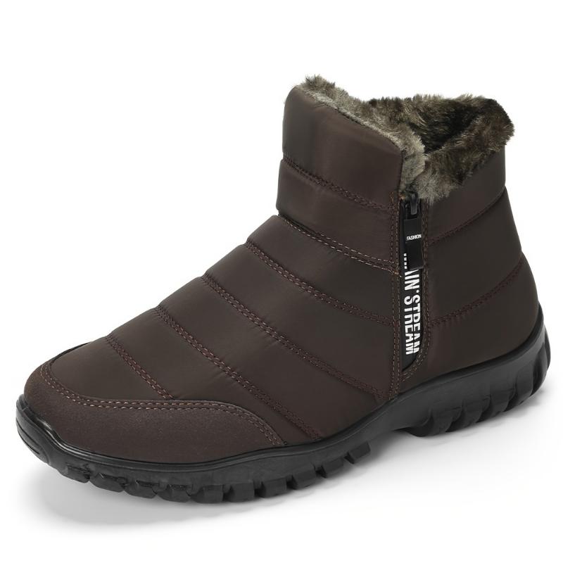 Men's Solid Color Water-Resistant Slip On Snow Boots With Warm Plush Lining, Comfy Non Slip Durable Side Zipper Design Shoes, Men's Winter Footwear