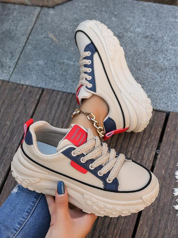 Fashionable Colorblock Low Top Lace Up Chunky Sneakers, Casual Comfortable Sports Shoes for Daily Wear, Female All-match Round Toe Shoes for Daily Wear