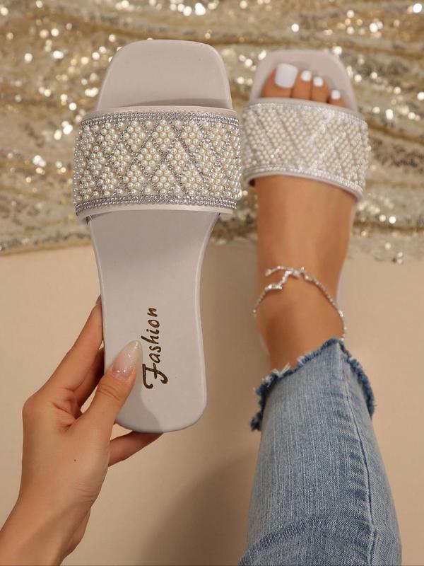 Women's Rhinestone & Faux Pearl Decorated Sandals, Casual Open Toe Flat Sandals for Summer, Fashion Shoes for Party, Daily Wear, Trendy All-match & Exquisite Shoes for Women