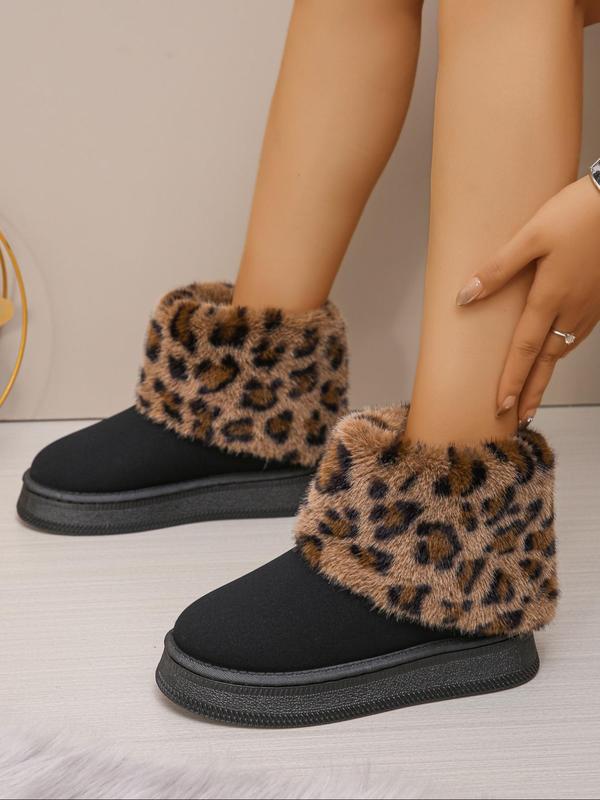 Women's Fashion Leopard Print Fluffy Snow Boots, Casual Warm Ankle Boots for Fall & Winter, Female All-match Round Toe Shoes for Daily Wear